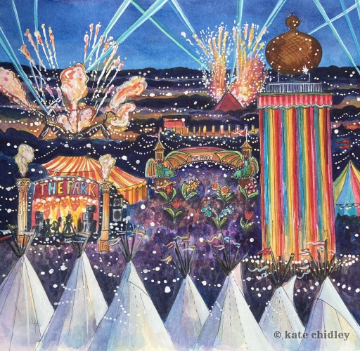 New festival illustration to celebrate Glastonbury festivals 50th birthday.